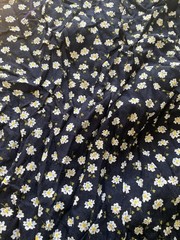 2 1/2 yards,COTTON RAYON FABRIC 54″W Black with White/Blue/Yellow Flowers
