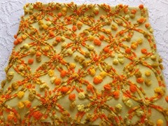 confetti vtg chenille bedspread fabric colorful boho wedding ring design, 20×24″