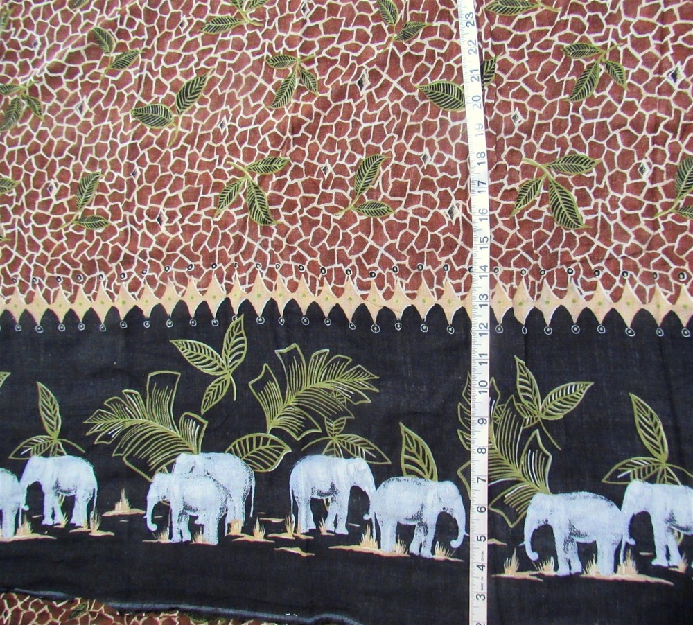 1 yd x 54″ Rayon Fabric Single Border Elephants with Brown Animal Print & Leaves