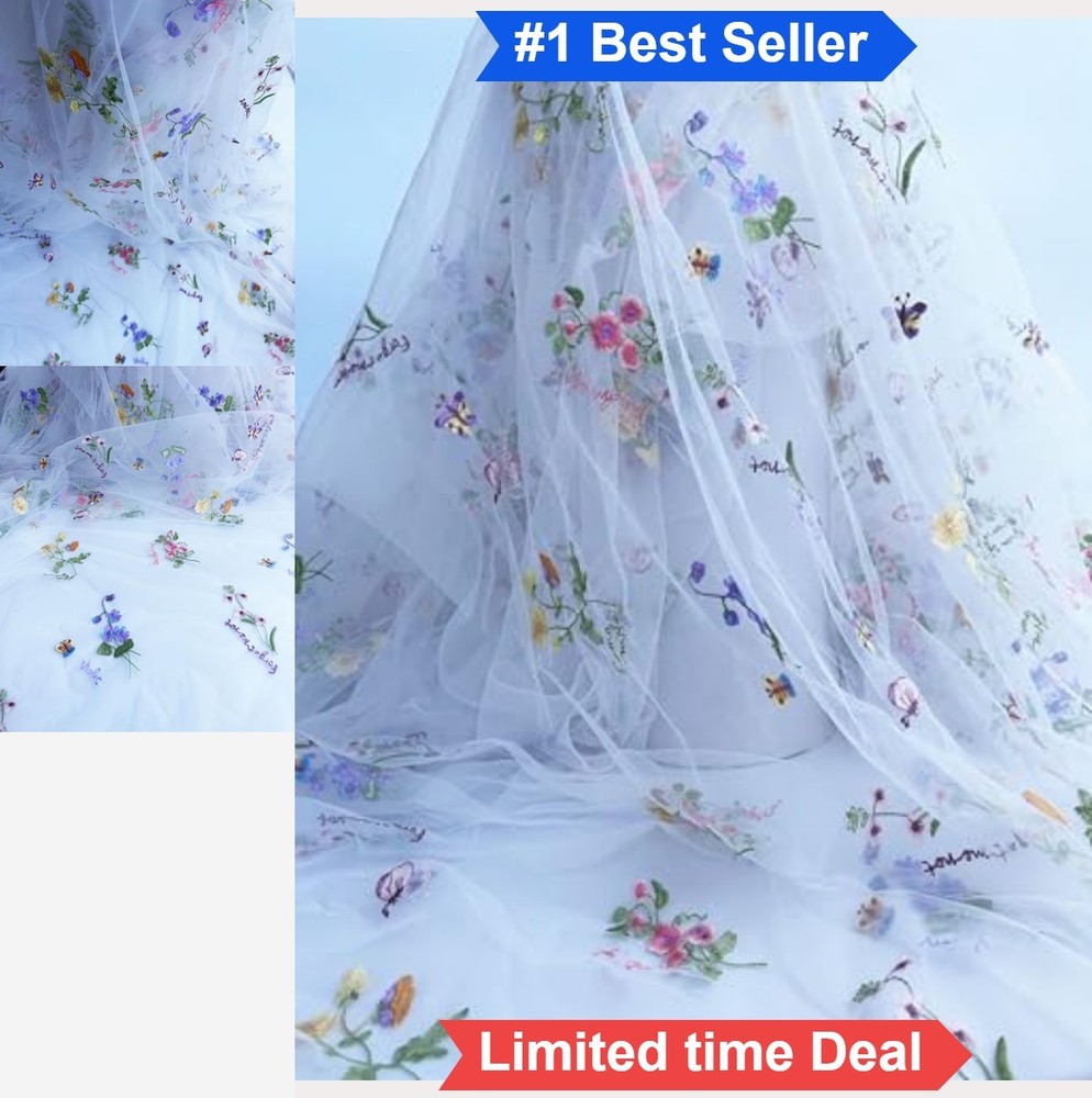 White Lace Tulle Fabric by Yard Floral Embroidery 35x51in Soft Lightweight DIY