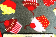 BTY*BRIGHT LARGE COLORFUL CUPCAKES ON DARK GREY FLEECE FABRIC 1 YD 60×36″