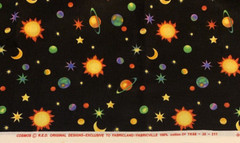 “Cosmos” Solar System Galaxy Fabric By R.E.D & Fabricland Vtg Black Yellow BTY