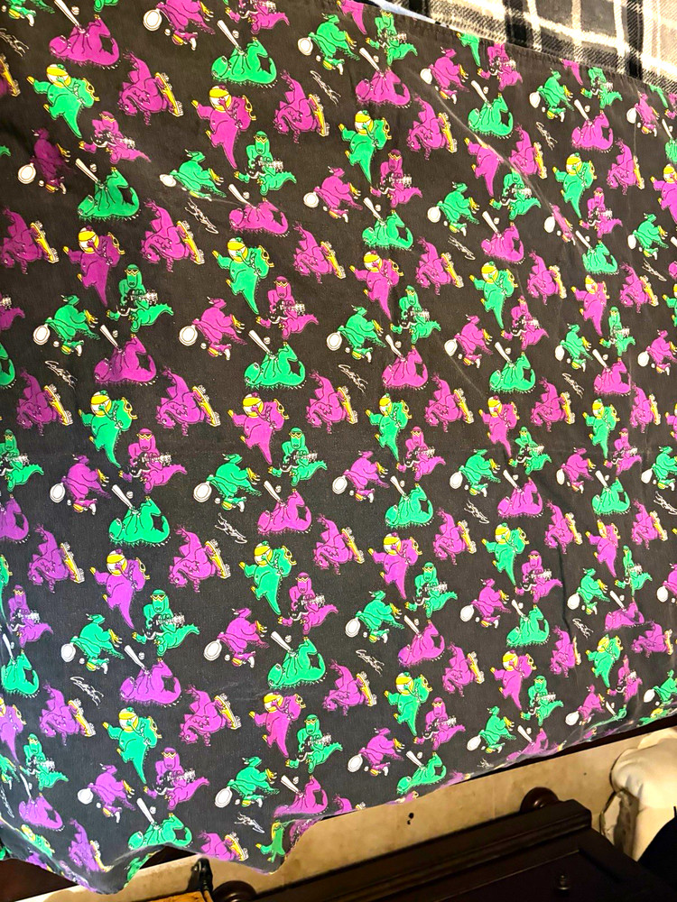 Vintage Calhoun Dinosaur Sports Fabric 38×40 Black Purple Green 90s Novelty