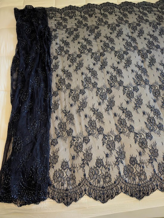 3 Yds Beaded Chantilly Lace Fabric 59″ Navy Blue Floral with Eyelash Scallop
