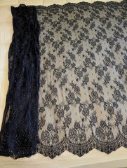 3 Yds Beaded Chantilly Lace Fabric 59″ Navy Blue Floral with Eyelash Scallop