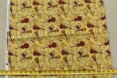 By 1/2 Yd, Burgundy & Tan Musical Instrument on Gold Cotton, Jo-Ann, Mumm, P9222