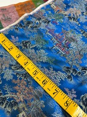 6yds Japanese Temple Courtyard Blue Silk Brocade Fabric Cherry Blossom Vtg READ!