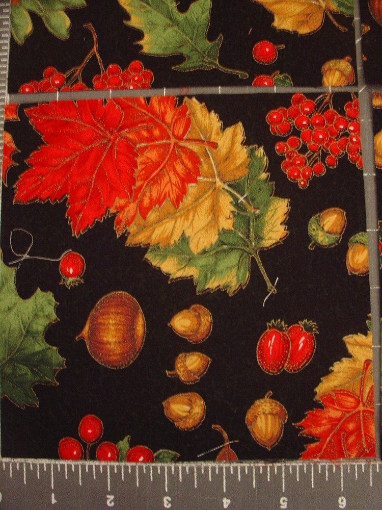 8 6.5″ Squares FALL RED ORANGE LEAVES, ACORNS on black Cotton Quilt Craft Fabric