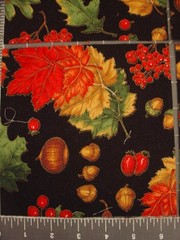 8 6.5″ Squares FALL RED ORANGE LEAVES, ACORNS on black Cotton Quilt Craft Fabric