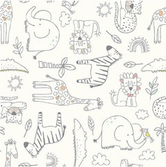 Studio E Safari Sunrise Outline Animals Cream Cotton Fabric by The Yard