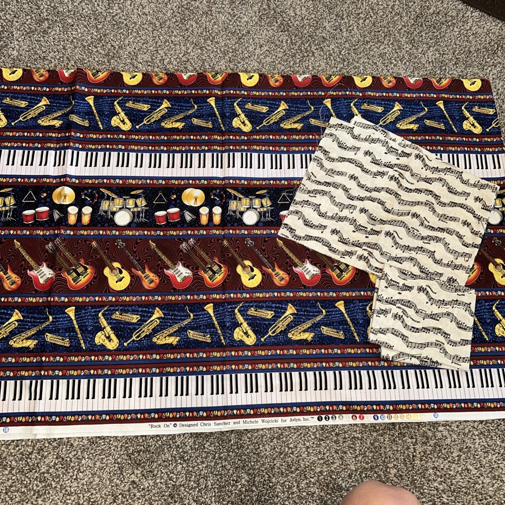 Vtg Musical Fabric Rock On for Avlyn Fabrics 2yds Guitar Drums Cotton