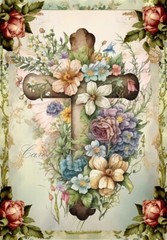 Vintage Cross Floral A Designer Cotton Fabric Quilt Block USA Multi-size