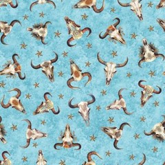 Running Wild Cow Skulls Turquoise Cotton Fabric
