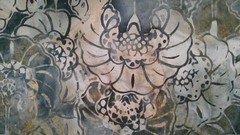 Fabric Hoffman 9-1/2″ Sq Batik Flowers Gray Steel Blue Wheat $2.50/each
