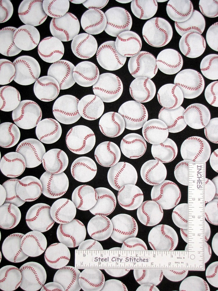 Sport Baseball Base Ball Balls on Black Cotton Fabric David Textiles By Yard
