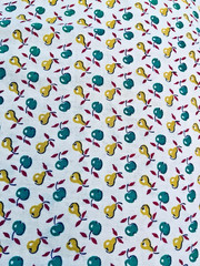 VTG `50`s Pear & Apple Yellow Green & Red Fruit Print on White 26″x20″