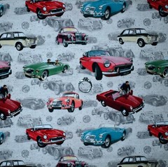 BonEFul Fabric FQ Cotton Quilt White Red Blue B&W VTG MC Classic Antique Car Men