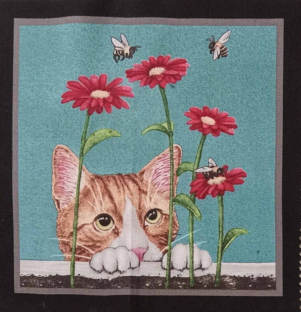 Elizabeth’s Studio~”Kitty Cat, Flowers & Bees”~Cotton Fabric Panel ~ 6.75″x6.75″
