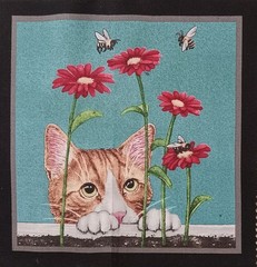 Elizabeth’s Studio~”Kitty Cat, Flowers & Bees”~Cotton Fabric Panel ~ 6.75″x6.75″