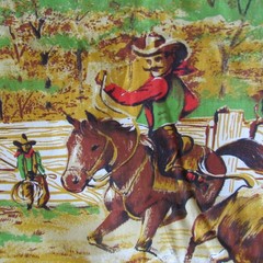 vtg Western Rodeo Fabric Cowboys Horses Ranch Fort Fence 36″ x 44″