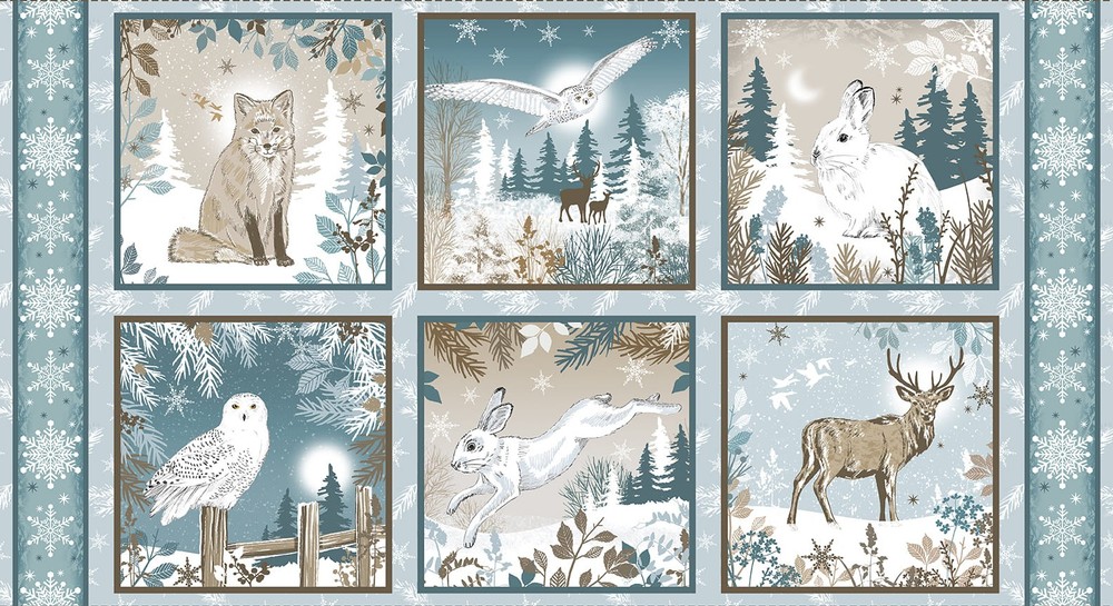 24″ Fabric Panel | Blank Winter Whispers Blue White Rabbit Fox Owl Blocks