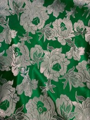 Large Kelly Green & Silver Flowers – Faux Silk Brocade Jacquard Fabric