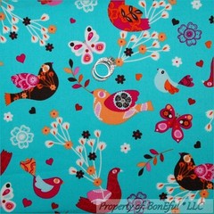 BonEful Fabric FQ Cotton Aqua Blue Red Pink Orange Bird Butterfly Flower Spring