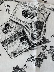 Vintage Baseball Motif Black Cream Toile Decorator Fabric 1.5 yds x56″