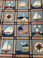 Classic Cottons Fabric Nautical USA Lighthouse Sailboats Squares 4.5 Yard X 44”