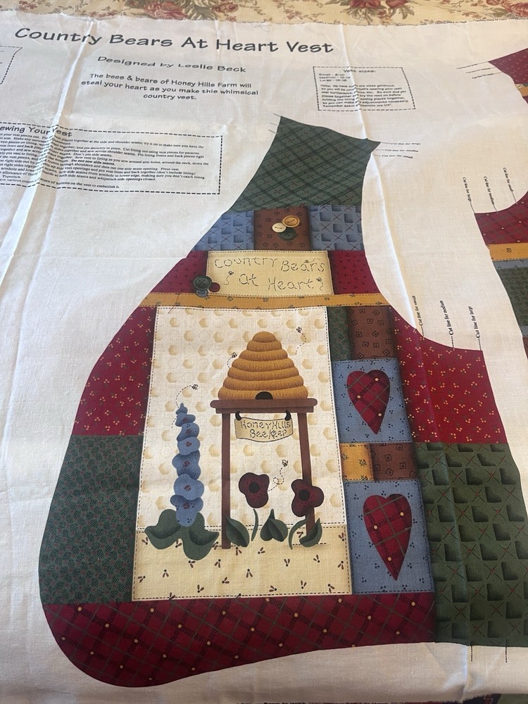 Country Bears At Heart Vest Cotton Panel To Cut And Sew