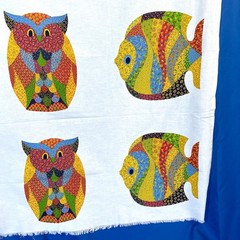 Vintage Patchwork Animal Fabric Panel 70s 80s Owl Fish Butterfly Printworks 1981