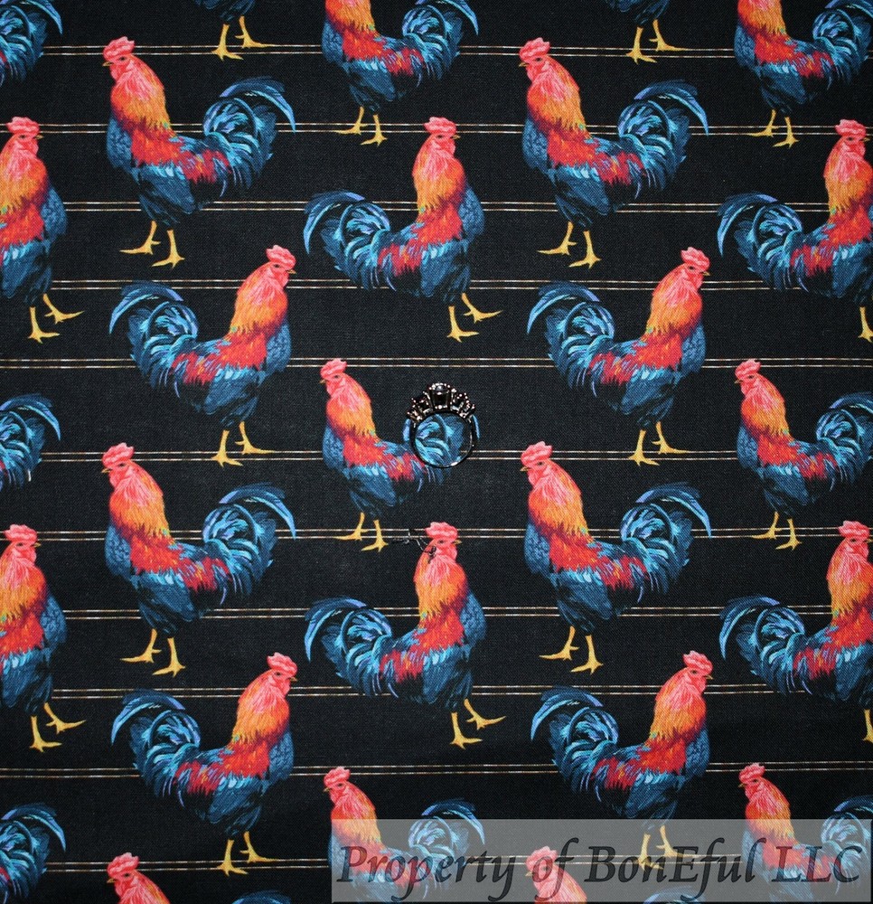 BonEful Fabric FQ Cotton Quilt Black Red Rooster Blue Feather Chicken Coop House