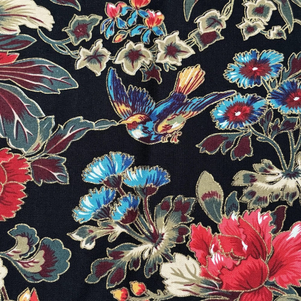 Marcus Brothers Floral Bird Cotton Fabric 2 Yds 44×75 Black Quilt Craft VTG