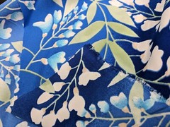 Blue Silky Synthetic Fabric White Wisteria Blossoms Flowers 3.5 Yards Material