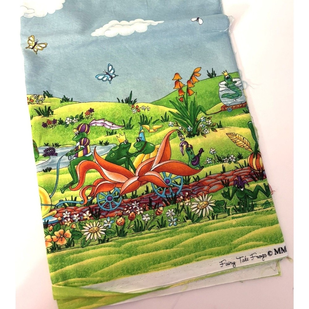 MMFab Fairy Tale Frogs Border Print Fabric 1 Yard Novelty Frog Princess Prince