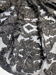 Embroidered Stretch Lace Apparel Fabric Sheer Black Floral Gold Accent – 52″ Wid