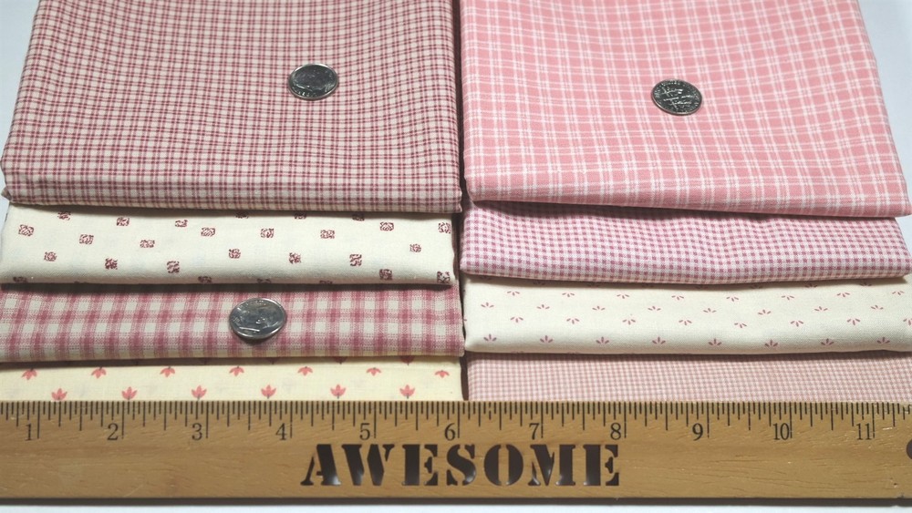 Pink Mauve Tiny Plaid Check Vintage Primitive Calico Quilt Doll Fabric Lot 4 yds