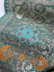 Antique Vintage Jade Green Heavy Silk Brocade Ribbon Silver Metal Thread 5”x 1YD