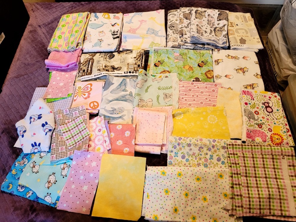 Lot of Cotton Flannel Fabric Scraps Quilt Crafts 2lbs 6oz Novelty Children Baby