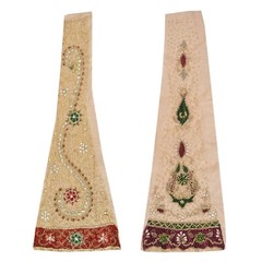 Sanskriti Saskriti Vintage Combo Of Design Fabric Hand Beads Net Mesh Cream Rhin