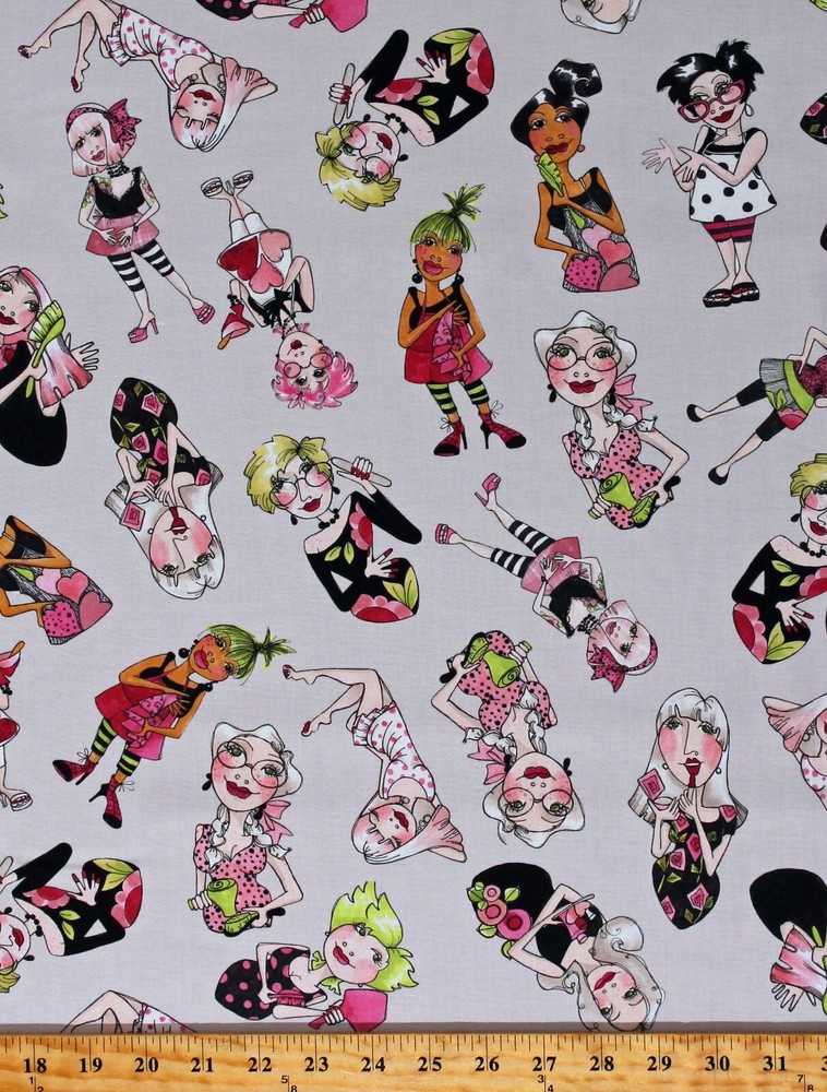 Cotton Ladies Women Makeup Tossed Lookers Gray Fabric Print by the Yard D413.39