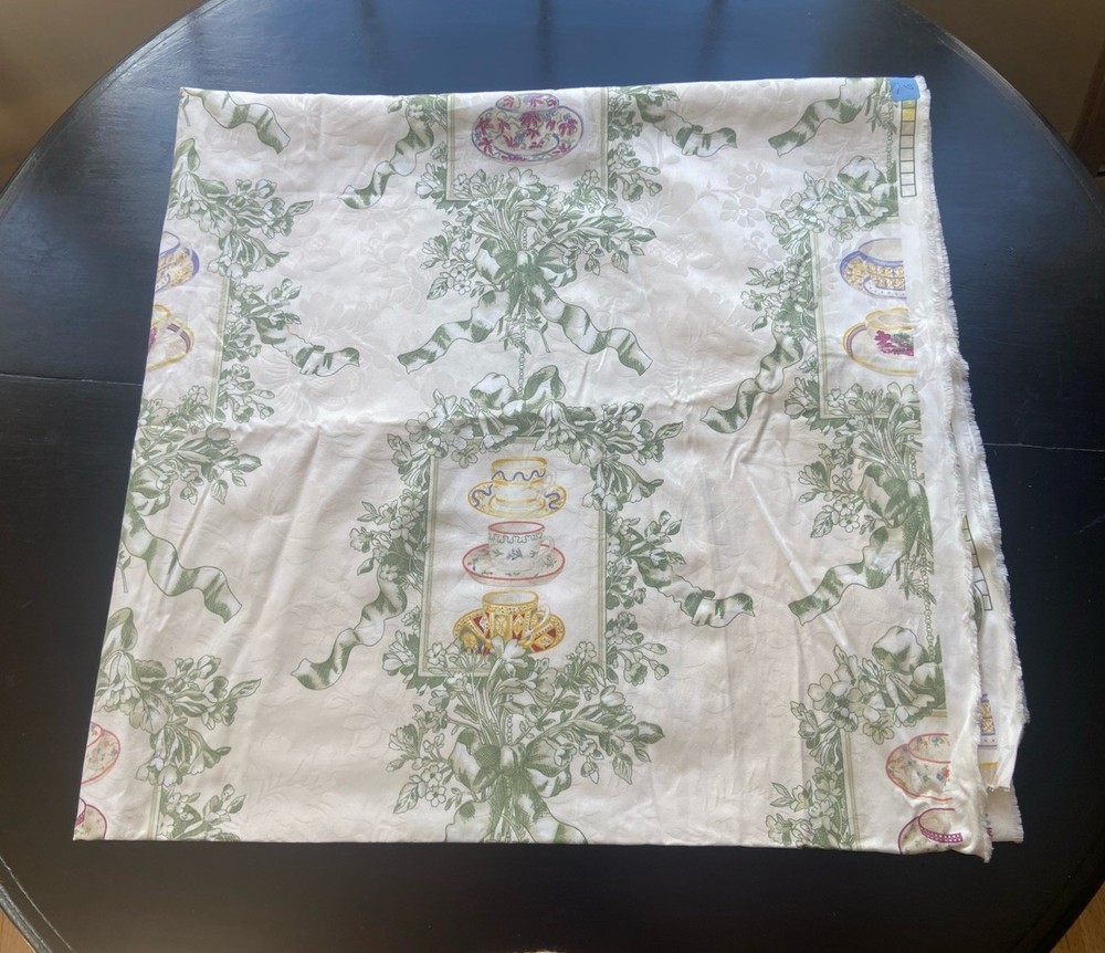 Vintage Braemore Design Screenprint Mint Green Teacup Fabric Remnant 54″ x 8′