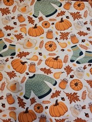 3 YARDS FALL AUTUMN PUMPKIN LEAVES PLAID PRINT FLANNEL FABRIC SEWING QUILT
