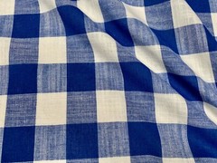 Gingham Checked Linen Fabric Plaid Buffalo Material 150cm wide Royal Blue White