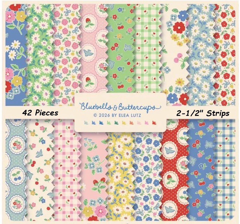 Bluebells & Buttercups 2-1/2″ Strips cotton fabric 42 Pieces Poppy Cotton