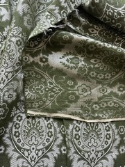 VTG Olive Green Silver Grey Woven Jacquard Damask Drapery Or Upholstery Fabric