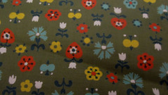 Cotton FABRIC Stylized Flowers Hearts Multi Colored on Olive green 2yd x 42