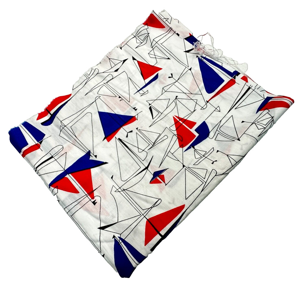Vintage Sailboat Fabric MCM Mid Century Material 36 x 44 Red White Blue Line Art