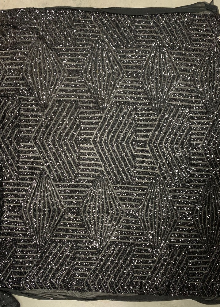 Thea BLACK Geometric Sequins Diamond & Stripes on Mesh Lace Fabric by the Yard