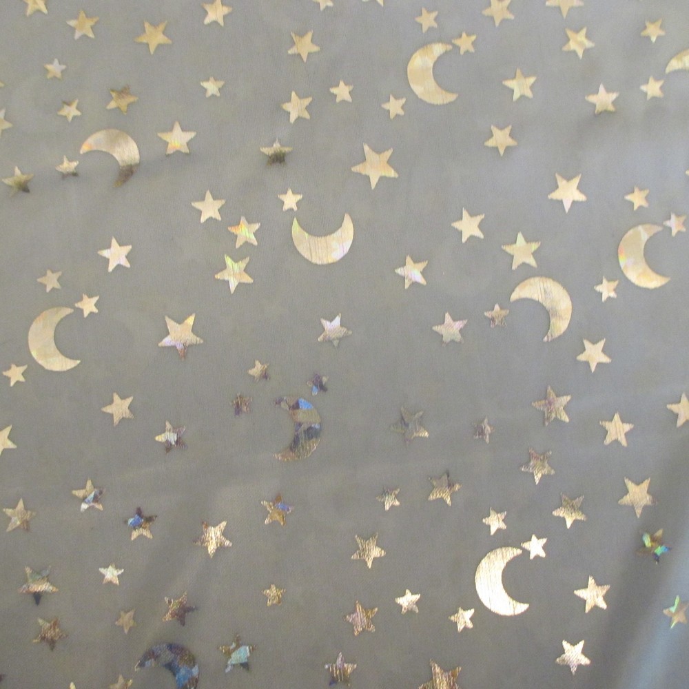 Silver stars and moon on Light Blue stretch Silky Spandex 1yd 12″ x 48